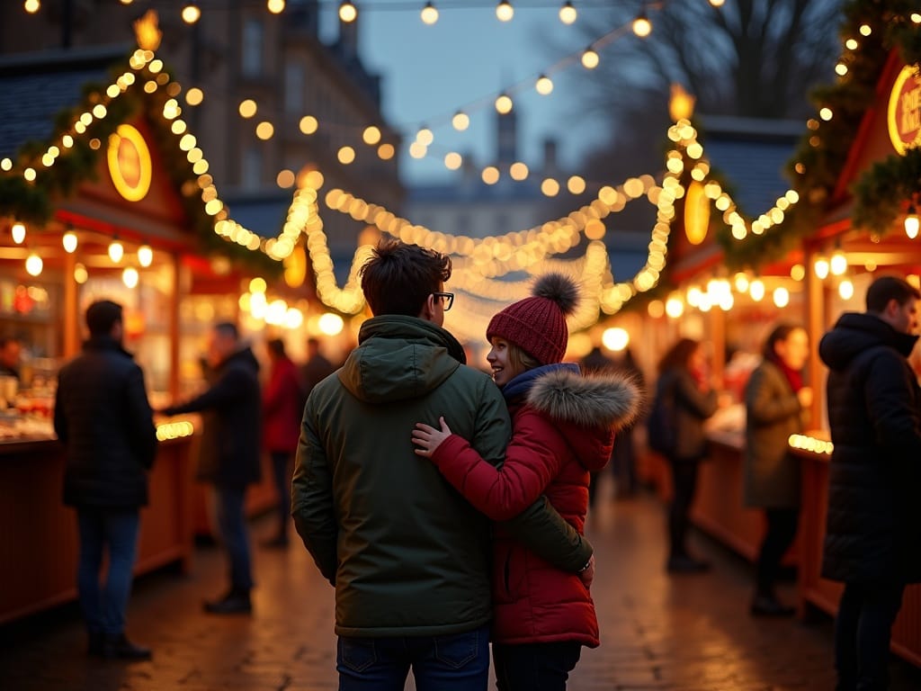 American family enjoying UK Christmas market with festive lights