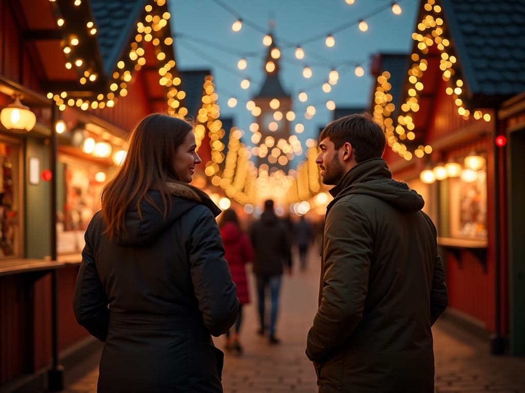US family exploring festive UK Christmas market with lights