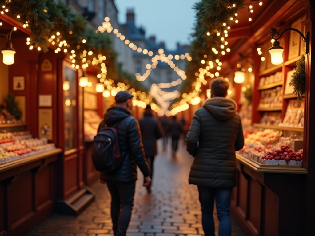 US family exploring UK Christmas market with festive evening lights