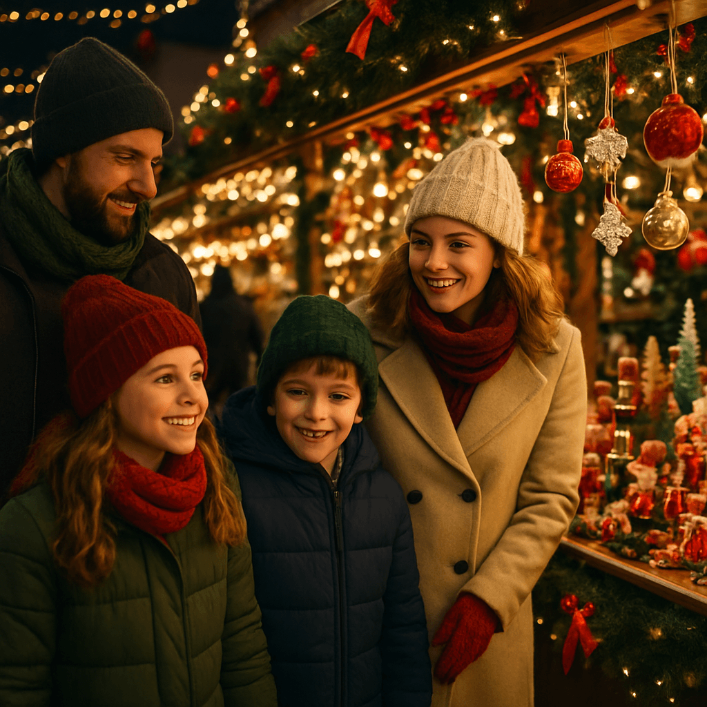 American family enjoying festive UK Christmas market with lights and stalls