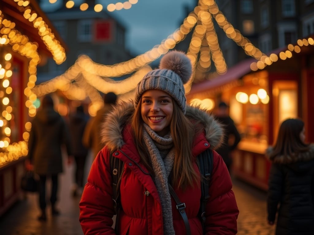 American family enjoying a UK Christmas market with festive lights