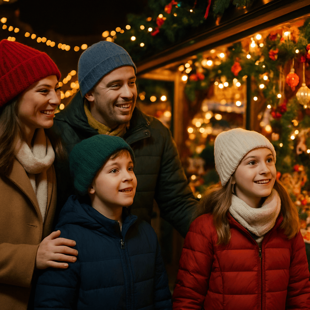 US family explores UK Christmas market with festive lights in evening