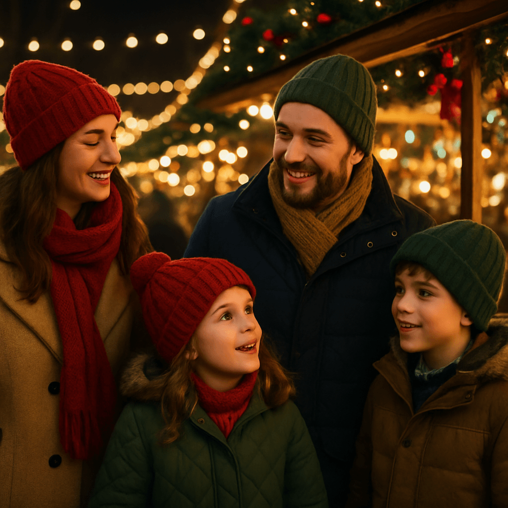 US family enjoying festive evening at UK Christmas market with lights