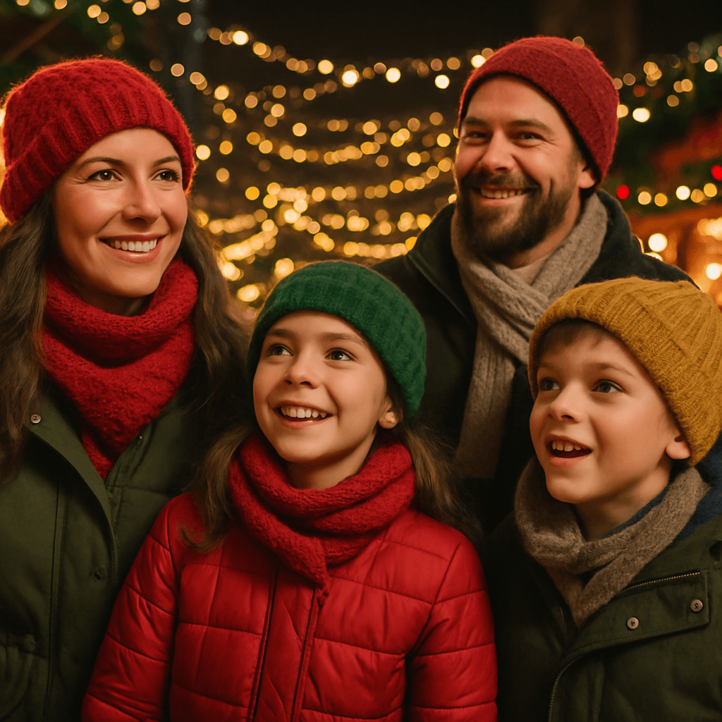 American family exploring a UK Christmas market at night with Christmas lights and vendor stalls