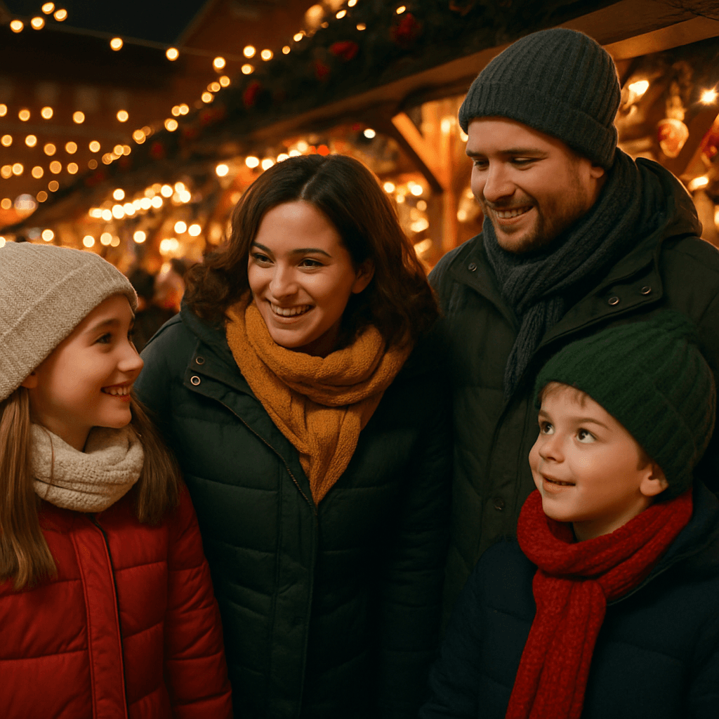 American family enjoying festive lights at UK Christmas market 2026