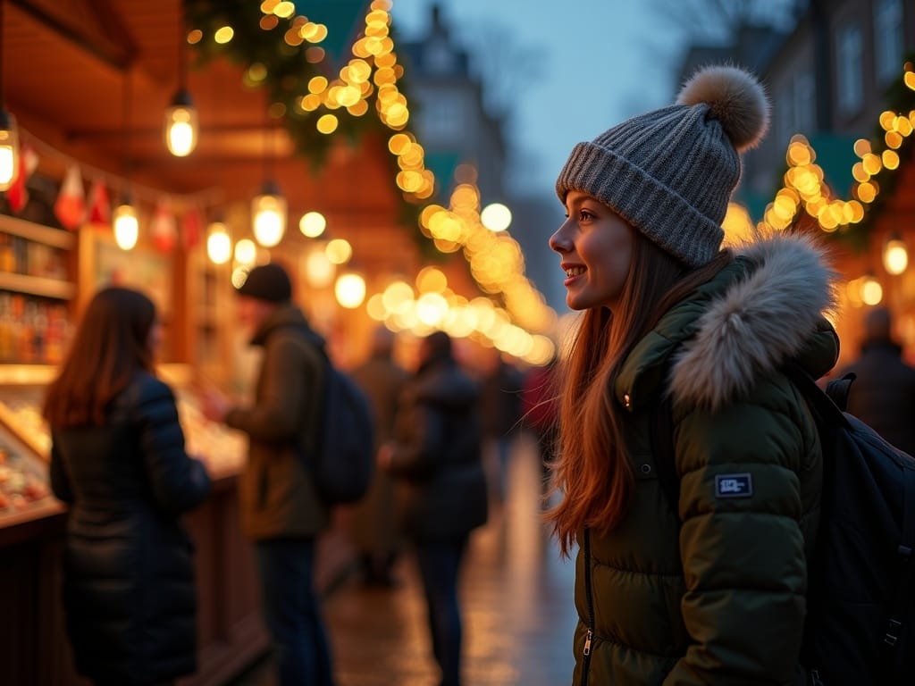 American family exploring festive UK Christmas market with lights