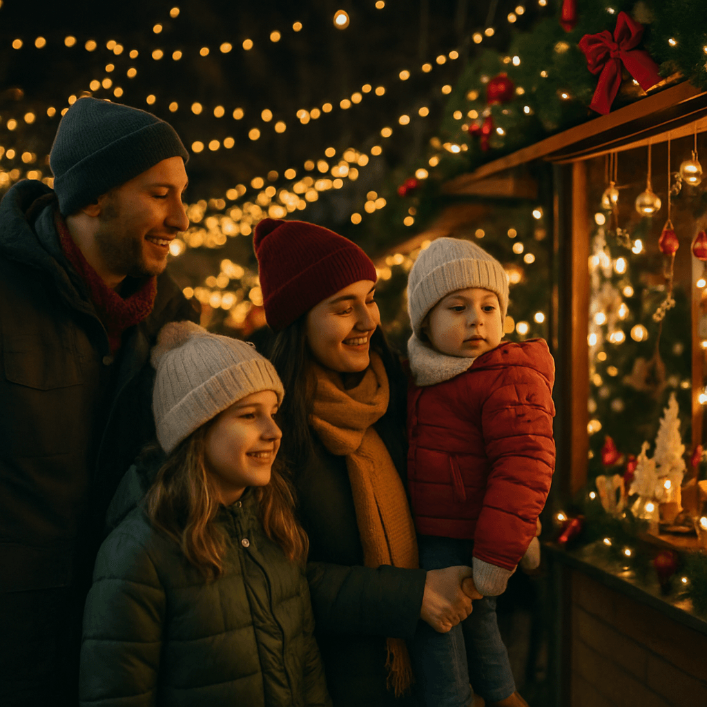American family at UK Christmas market under festive evening lights
