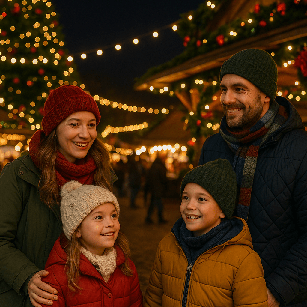 US family enjoying festive UK Christmas market under evening lights