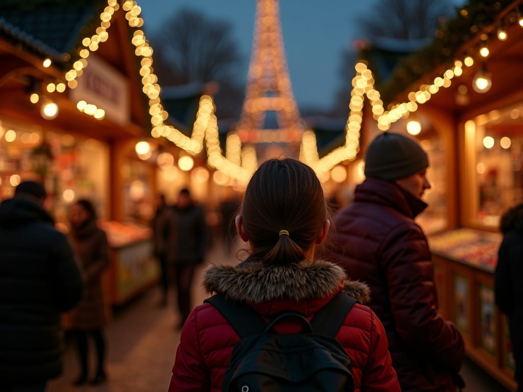 US family enjoying a UK Christmas market under festive evening lights