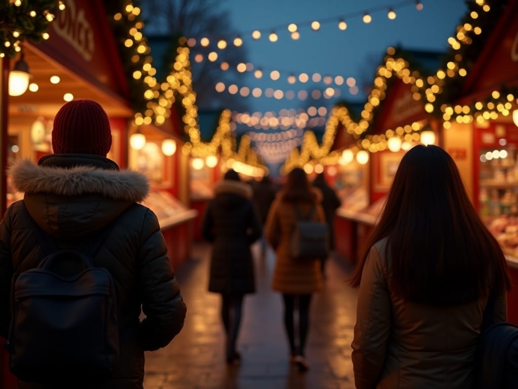 American family exploring festive UK Christmas market with lights