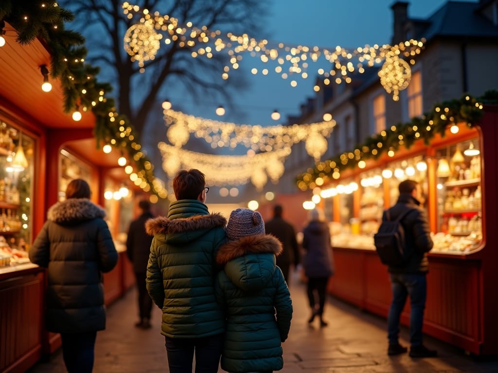 American family enjoying London Christmas market with festive lights in evening
