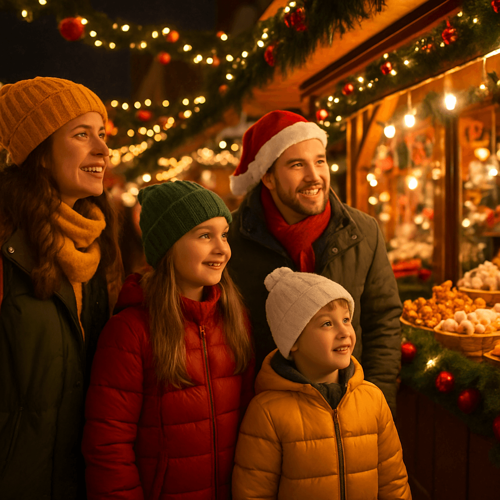 American family enjoying festive UK Christmas market with lights and decorations