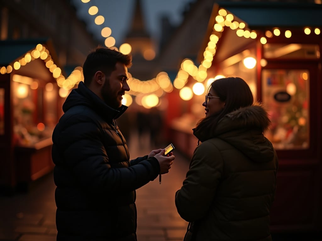 American family exploring a UK Christmas market under festive evening lights