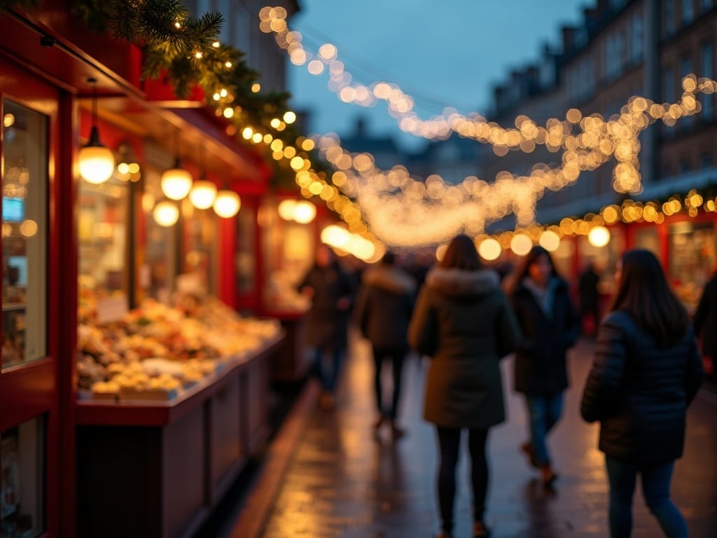 US family enjoying a UK Christmas market with evening festive lights