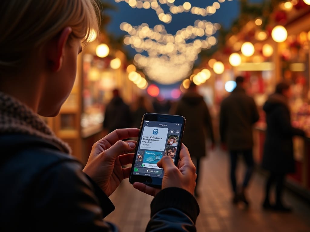 US family exploring a UK Christmas market under evening festive lights