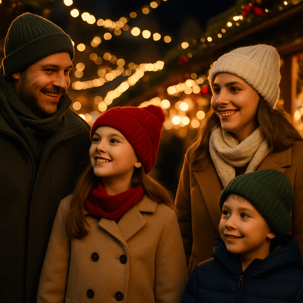 American family exploring UK evening Christmas market with red, green and gold festive lights