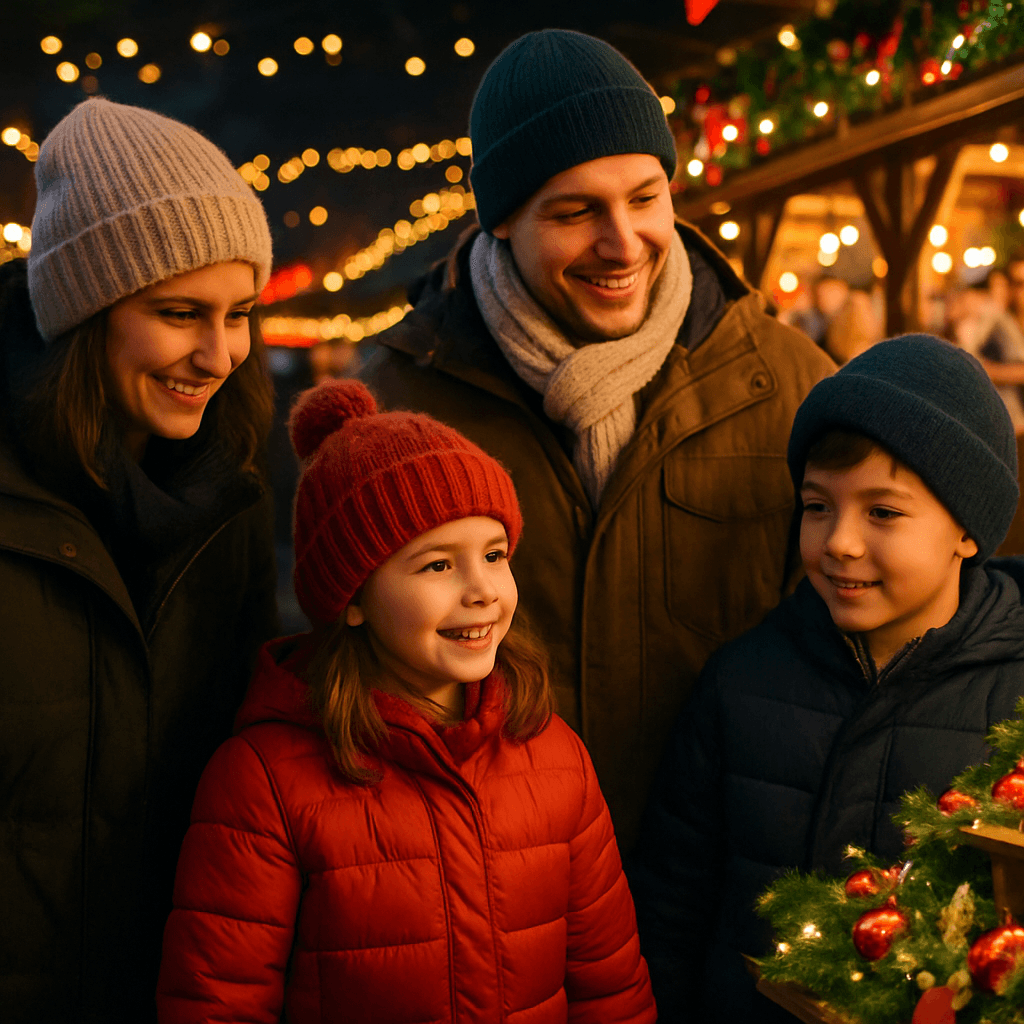 American family enjoying festive UK Christmas market with evening lights and holiday decorations