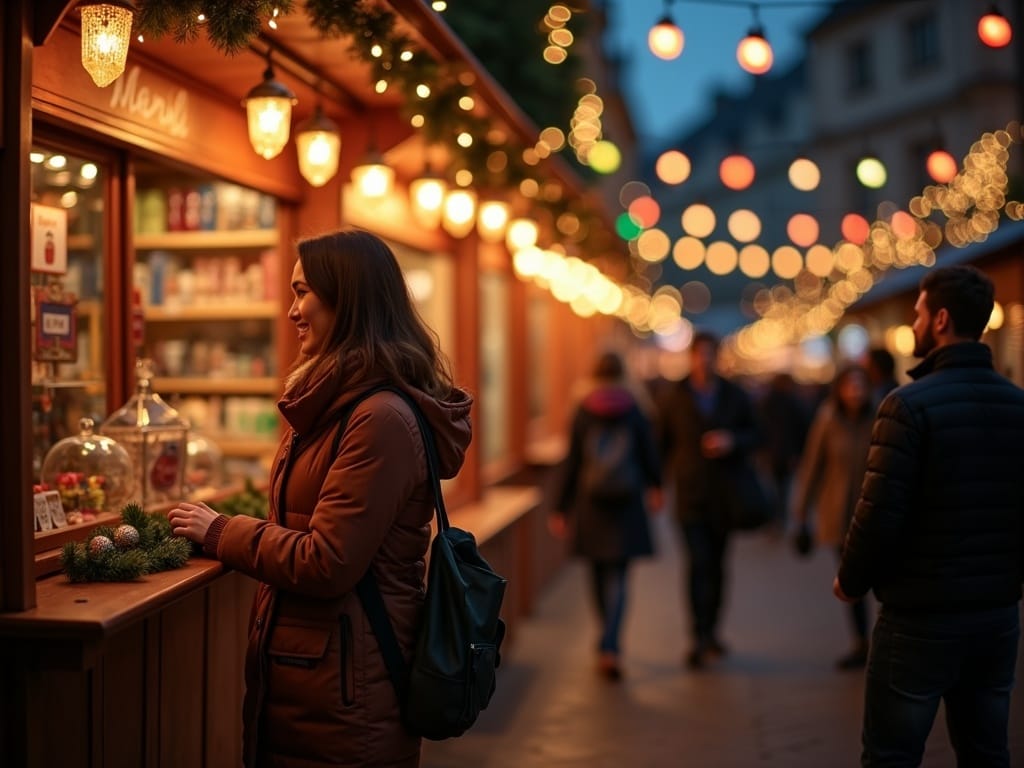 American family explores UK Christmas market with evening lights and holiday decor