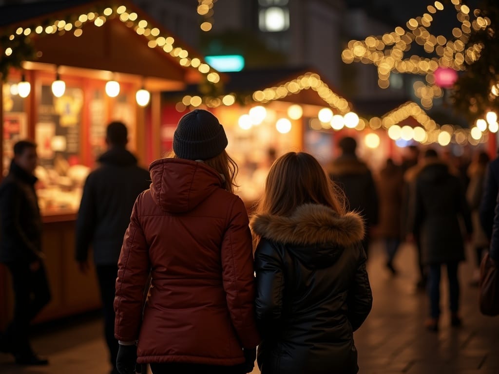 US family explores UK Christmas market with lights and holiday decor