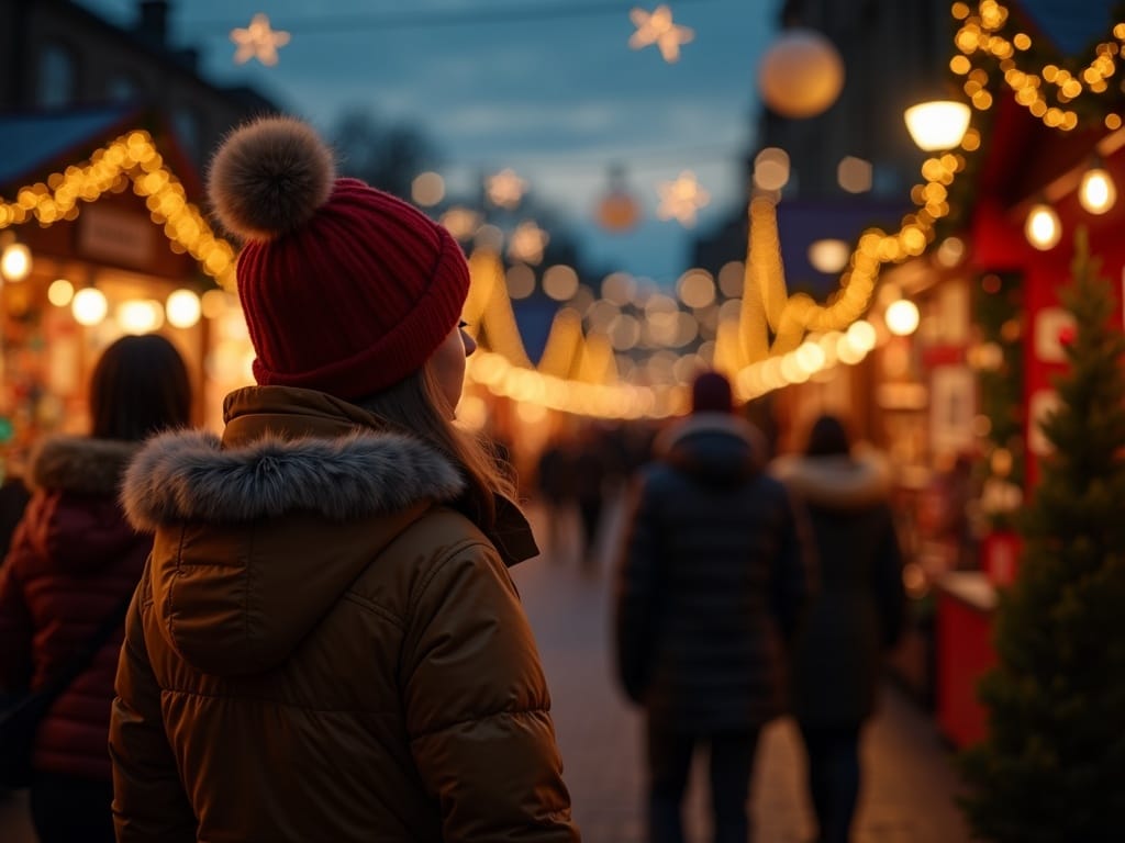 US family exploring a UK Christmas market at night with red, green, and gold holiday lights