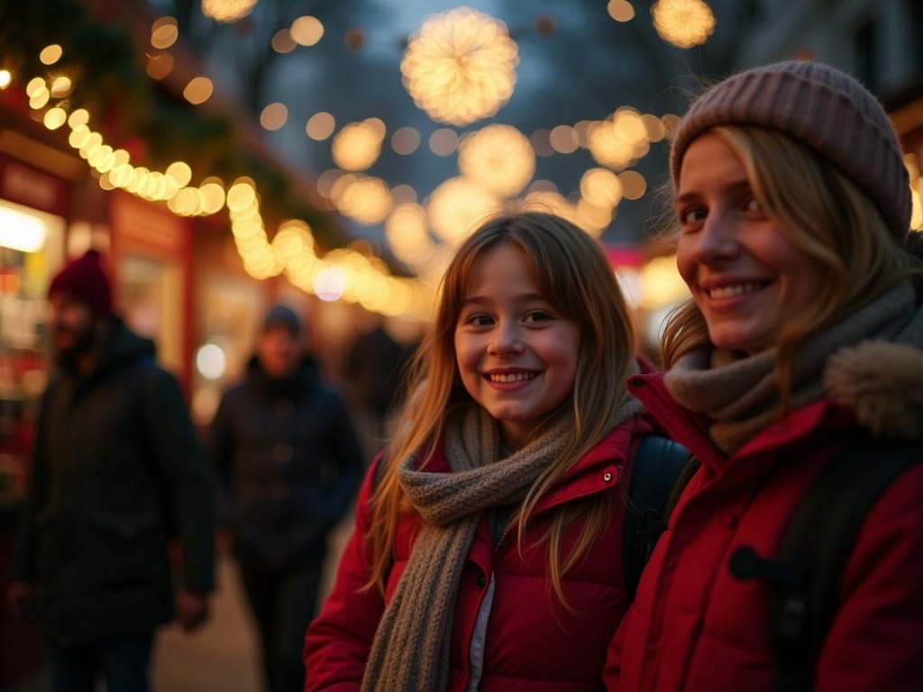 American family exploring outdoor UK Christmas market under glowing evening festive lights