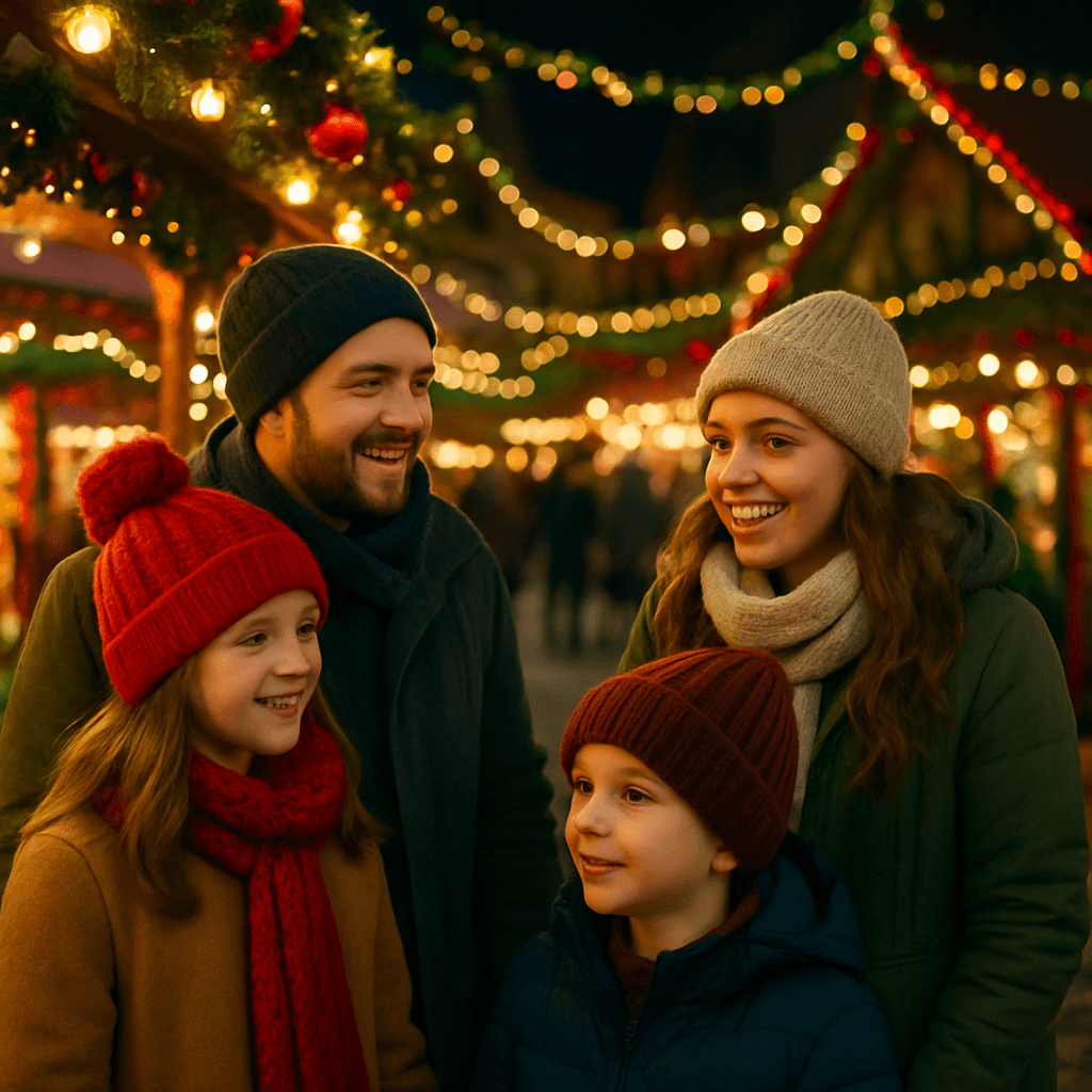US family exploring a festive UK Christmas market under evening lights