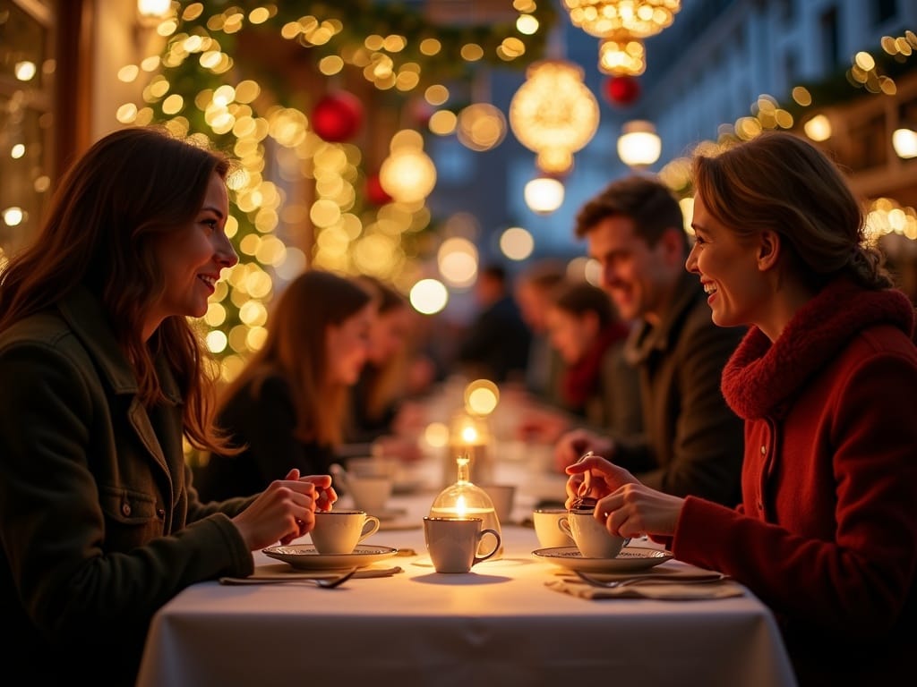 American family explores festive UK Christmas market with evening lights