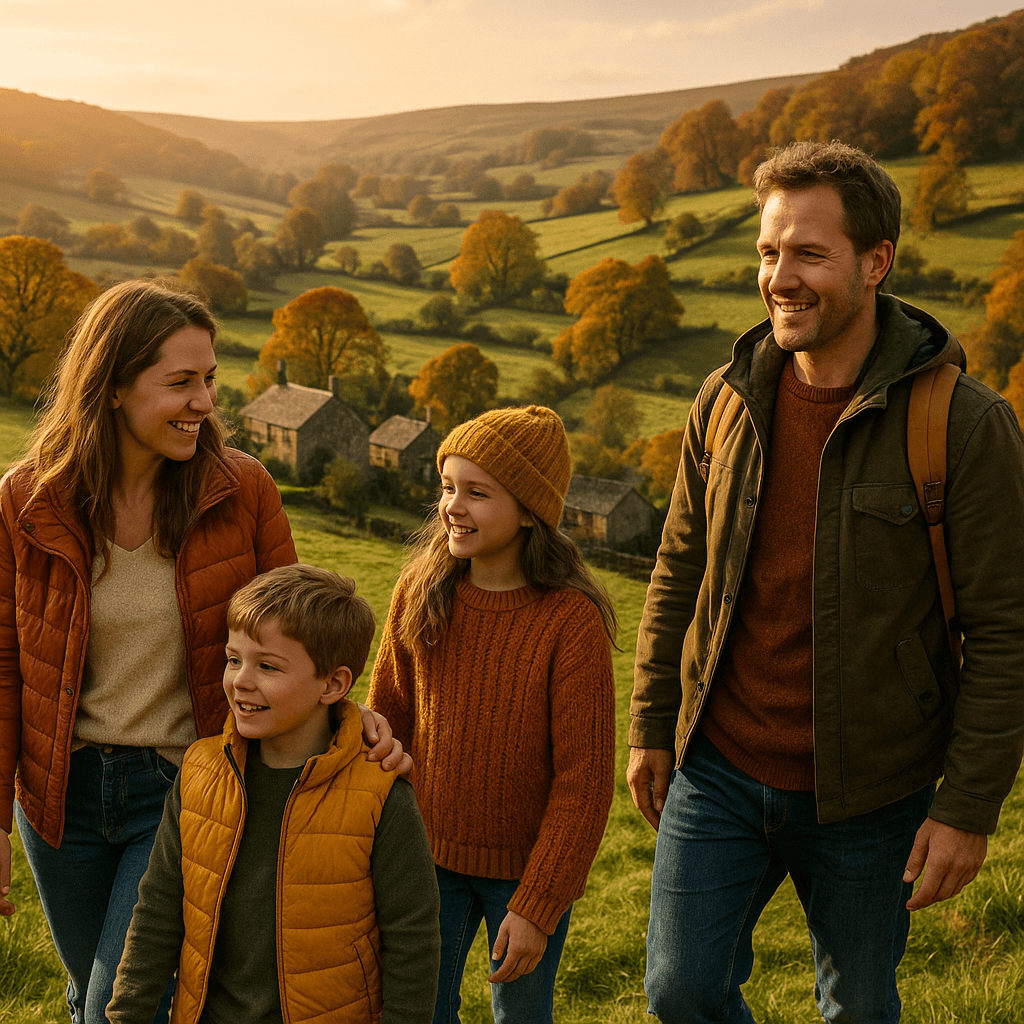 American family enjoying golden hour in British countryside hills
