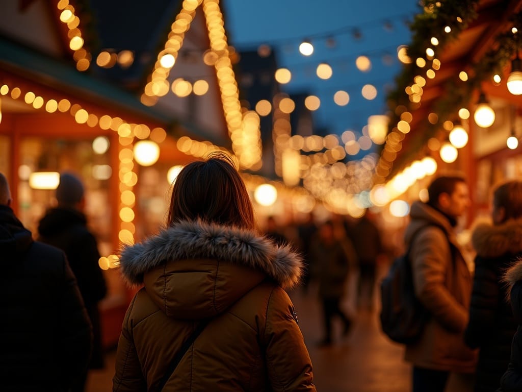 American family enjoying a festive UK Christmas market with lights
