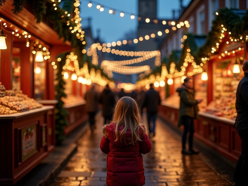 US family at UK outdoor Christmas market with festive lights in evening