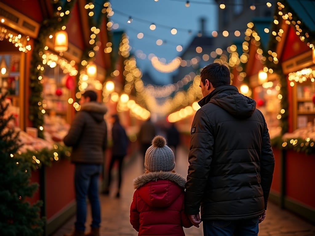 American family enjoying a UK Christmas market with festive lights