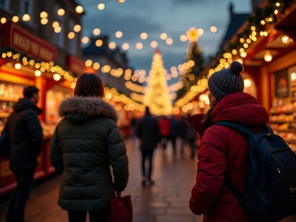 American family enjoying a UK Christmas market with festive lights at night