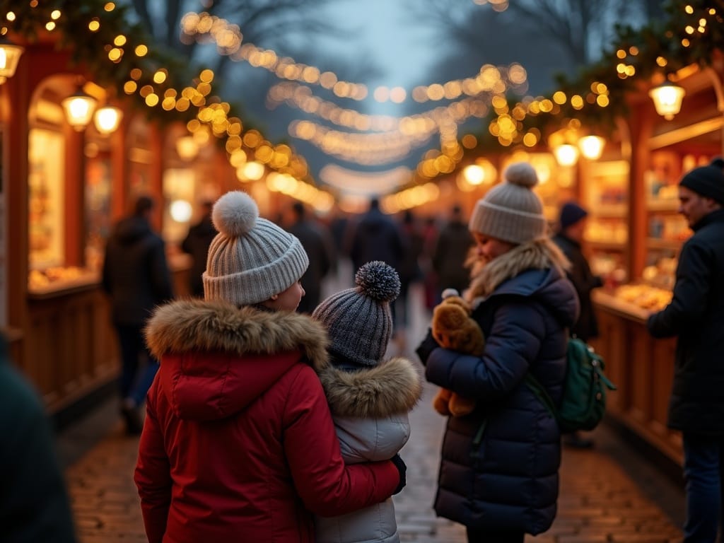 Family enjoying festive evening at London Christmas market with lights