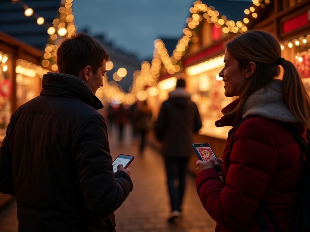 American family enjoying UK Christmas market at night with festive lights