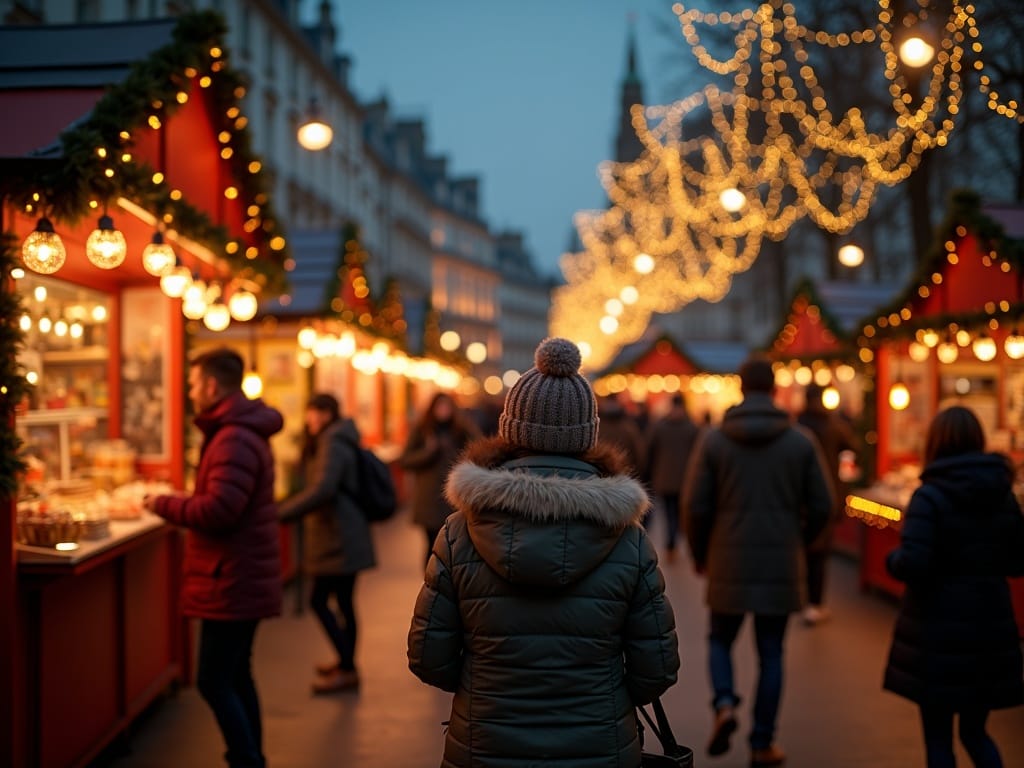 US family exploring a London Christmas market at night under festive red, green, and gold holiday lights