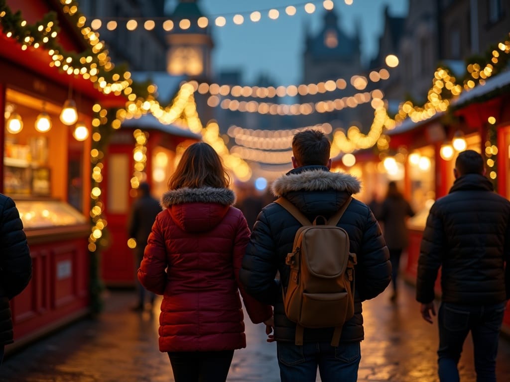 American family at UK Christmas market with festive evening lights
