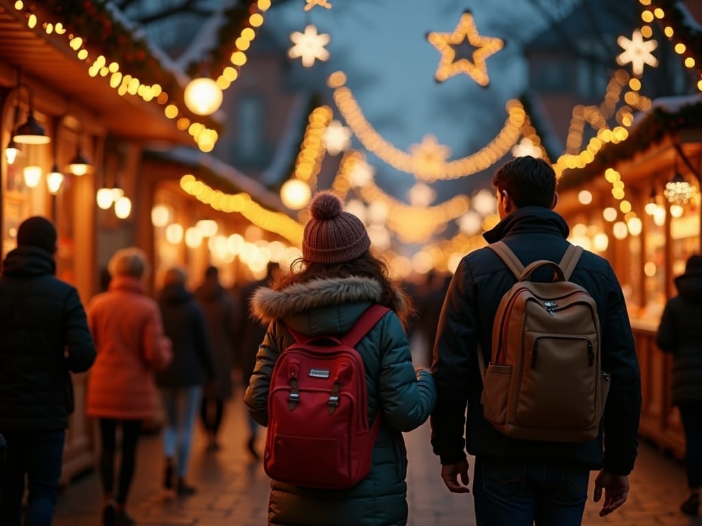 American family explores festive UK Christmas market with lights