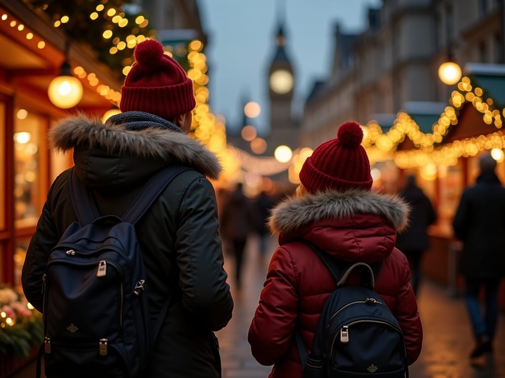 Family exploring UK Christmas market at night with golden festive lights and colorful holiday decorations