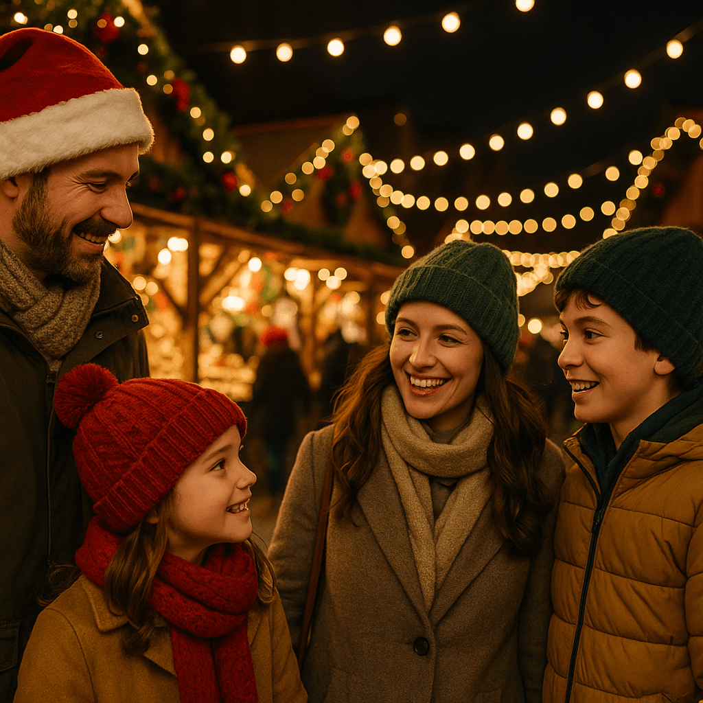 US family exploring a UK Christmas market at night lit by red, green, and gold festive lights
