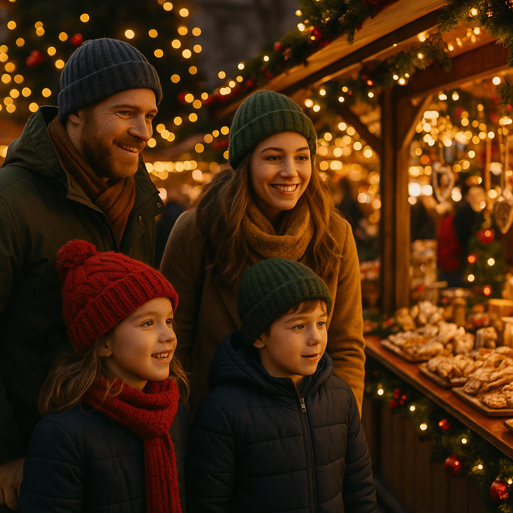 American family enjoys UK Christmas market with festive lights and decorations