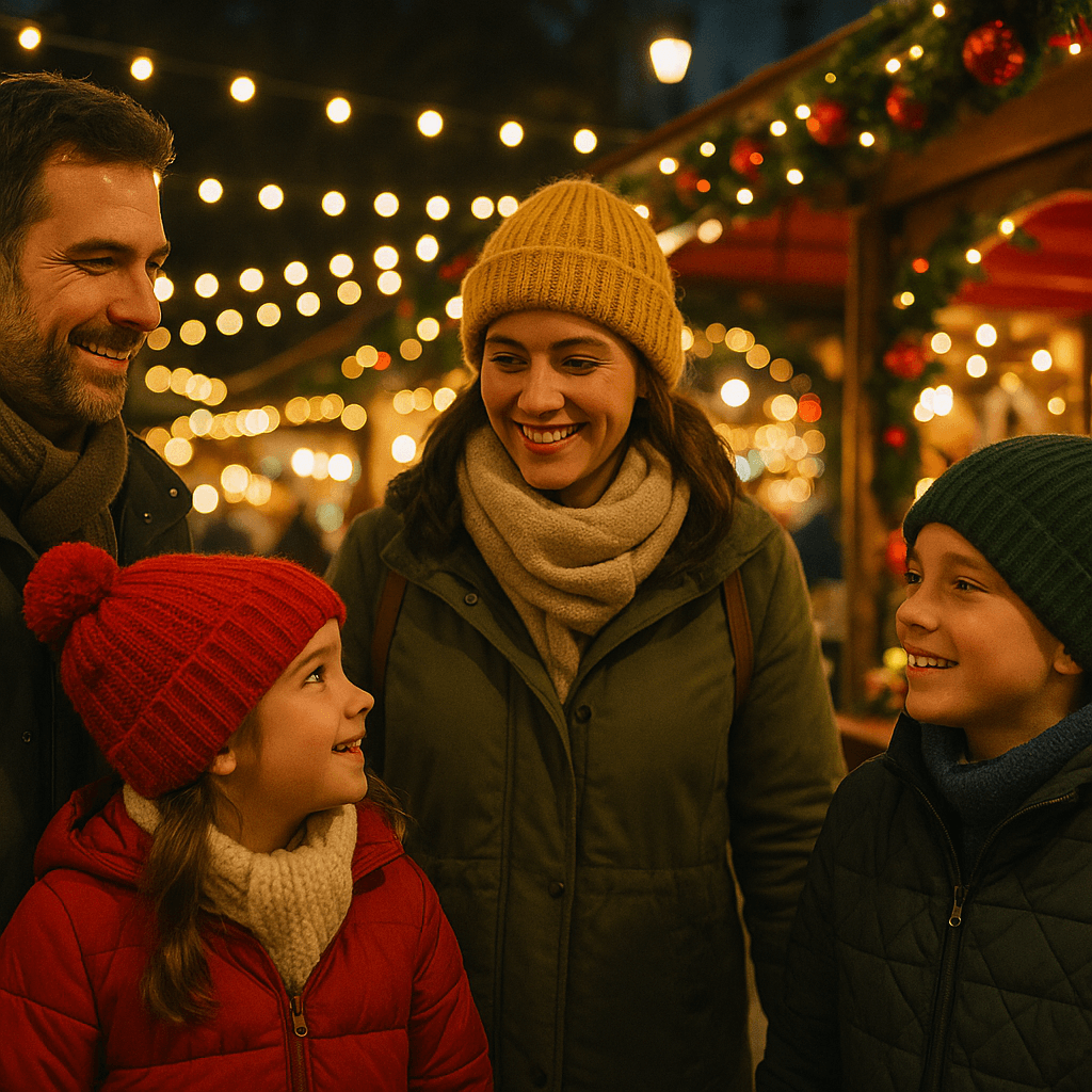 American family exploring festive UK Christmas market at night