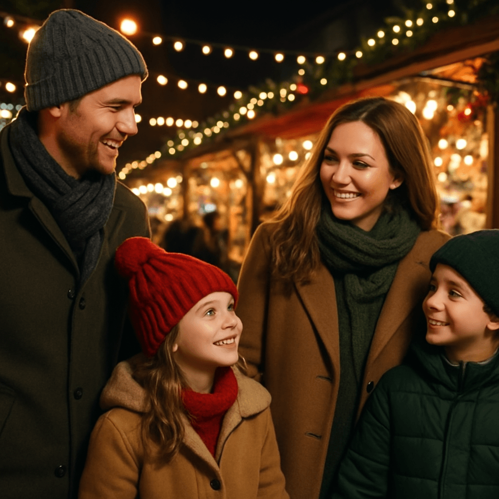 American family exploring a UK Christmas market under festive lights at night