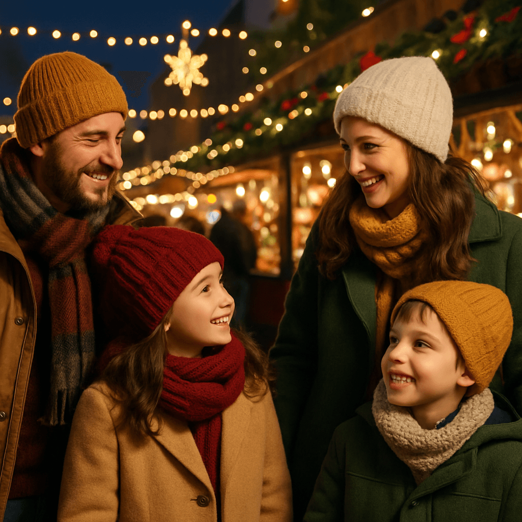 American family exploring a UK Christmas market with festive lights and holiday stalls