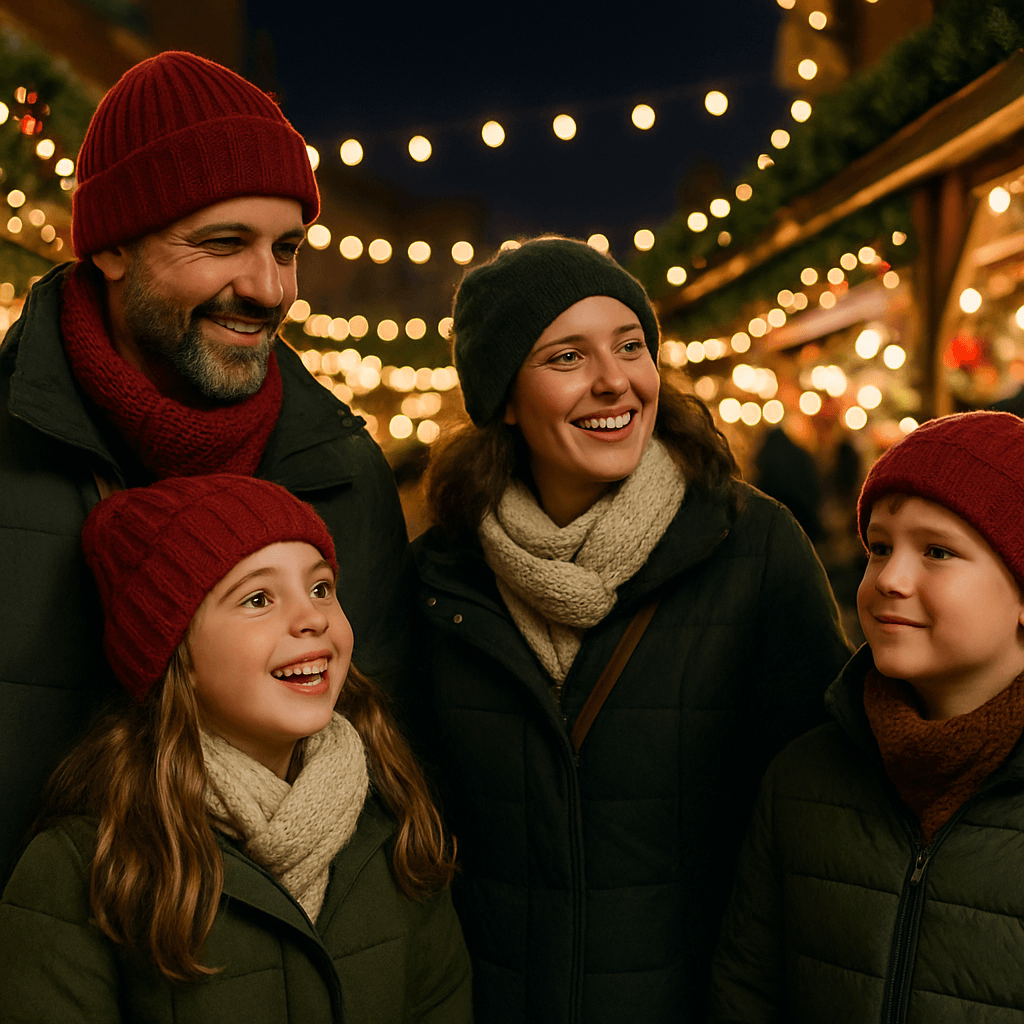 American family enjoys festive UK Christmas market under evening lights