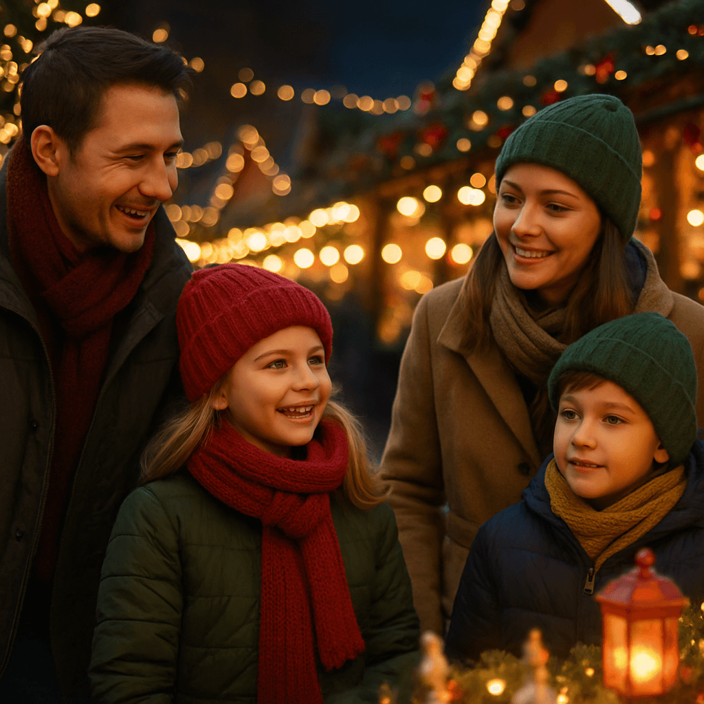 American family enjoying UK Christmas market with festive lights and decorations