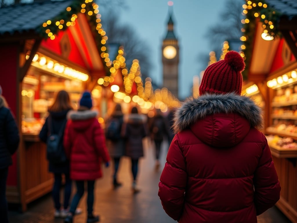 US family exploring a festive London Christmas market with evening lights