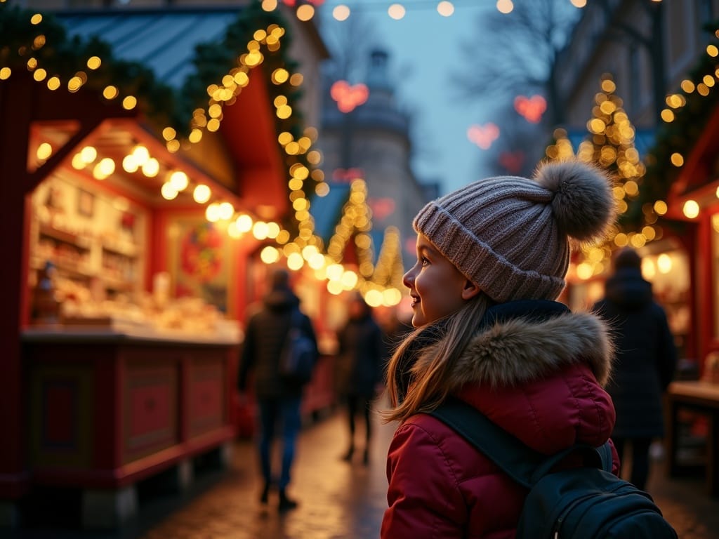 US family exploring festive London Christmas market with holiday lights