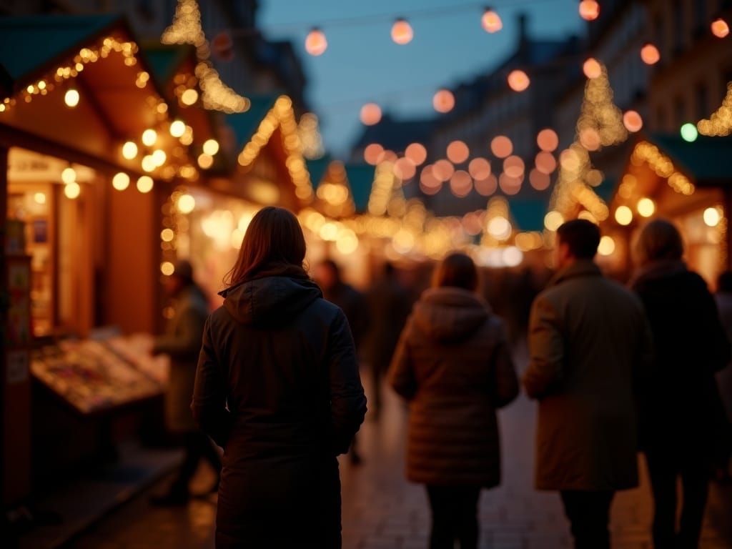 Family exploring UK Christmas market with festive lights in red, green, and gold during a winter evening