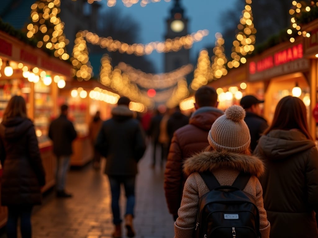 Family with EU passports exploring festive UK Christmas market at night