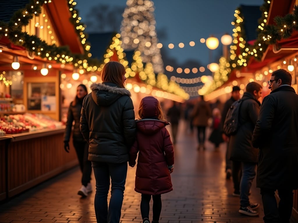 American family exploring a festive UK Christmas market at night